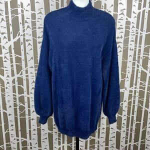Navy Blue Fuzzy Soft Knit Oversized Mock Neck Sweater sz M